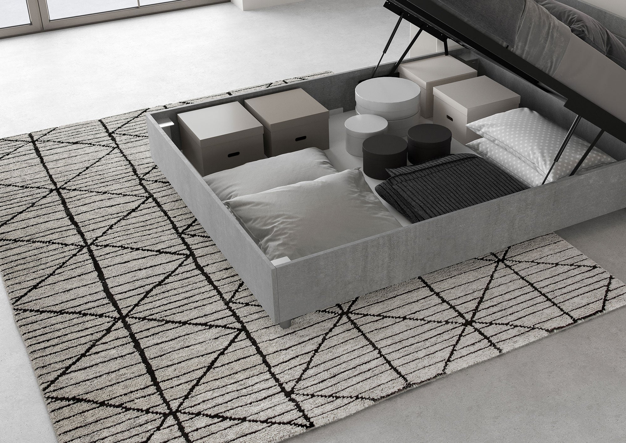 BS COM Letto matrimoniale francese contenitore 140x190 testata inclinata con doghe cemento