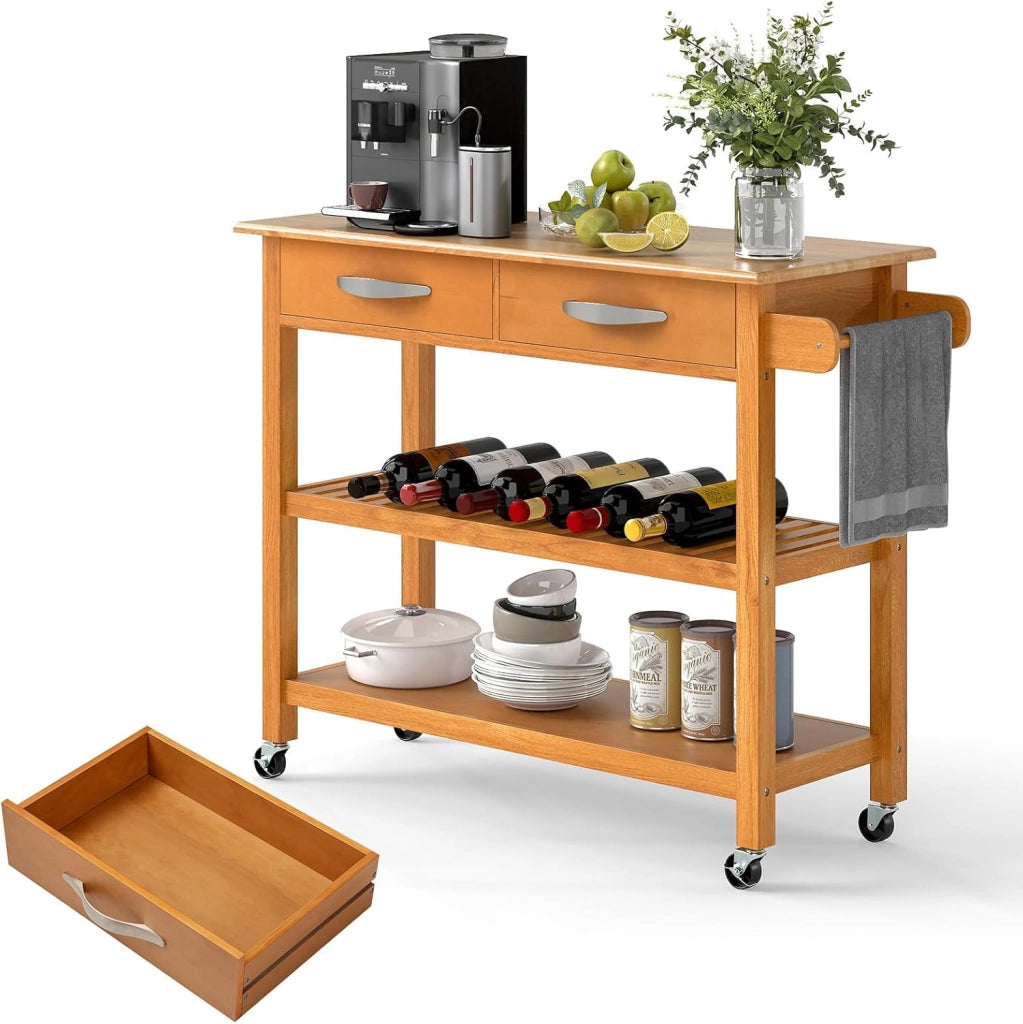 Carrello da cucina in legno con ruote, carrello ausiliario con 2 cassetti e 2 ripiani aperti, isola di cucina mobile con portasciugamani laterale, per sala da pranzo, bar, 116 x 44 x 89 cm