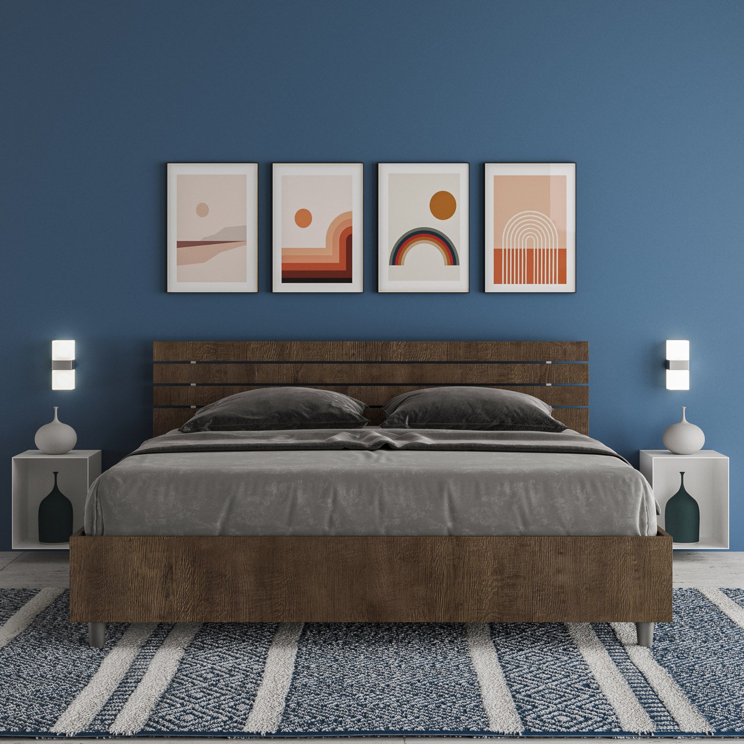 BS COM Letto matrimoniale contenitore doppia alzata 160x200 testata dritta con doghe noce