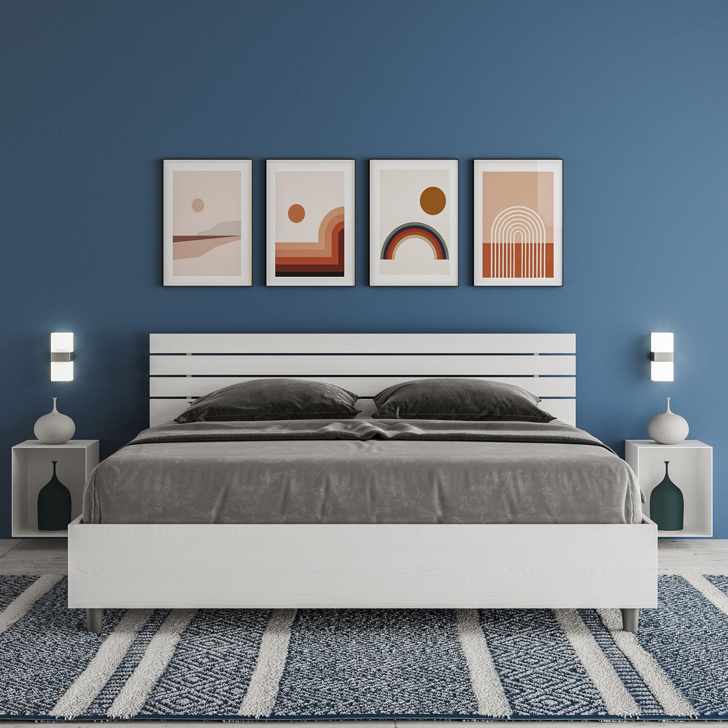 BS COM Letto matrimoniale contenitore doppia alzata 160x200 testata inclinata con doghe bianco frassino