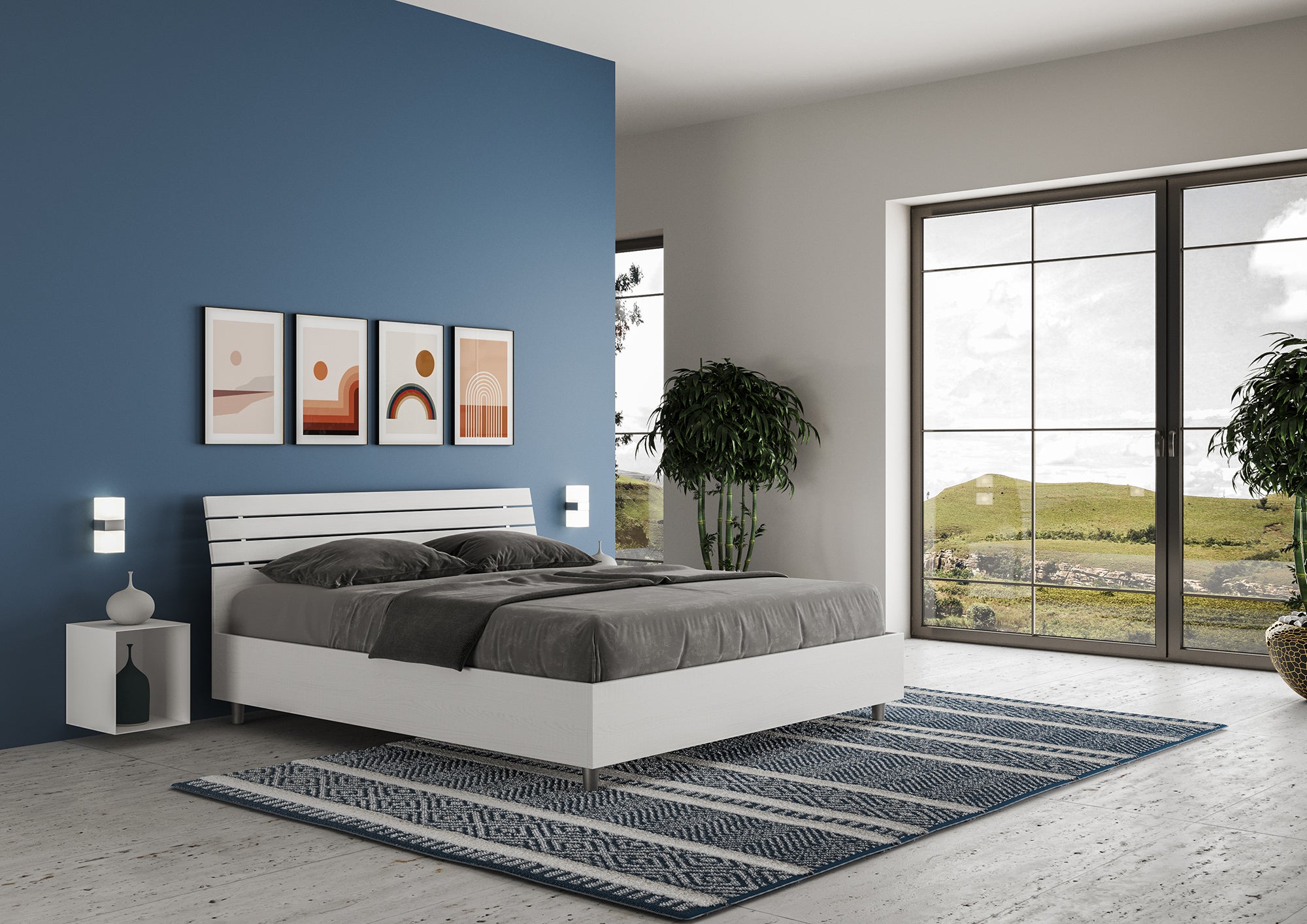 BS COM Letto matrimoniale contenitore doppia alzata 160x200 testata inclinata con doghe bianco frassino