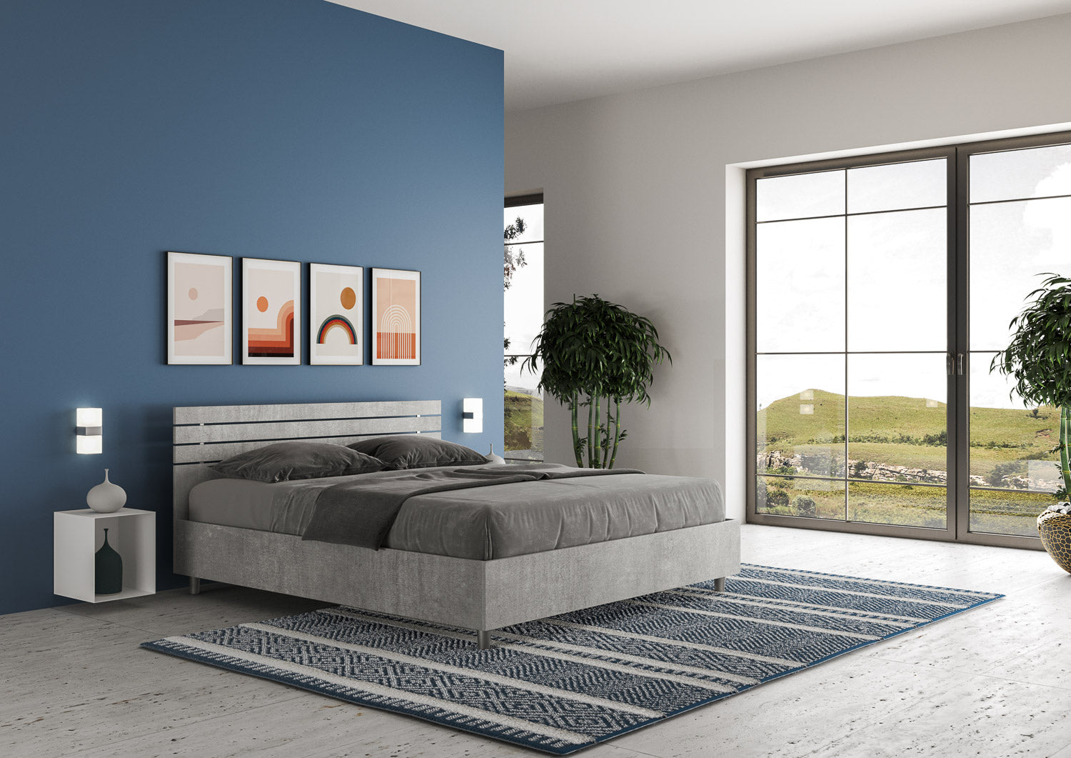 BS COM Letto matrimoniale senza rete 160x200 testata dritta con doghe cemento
