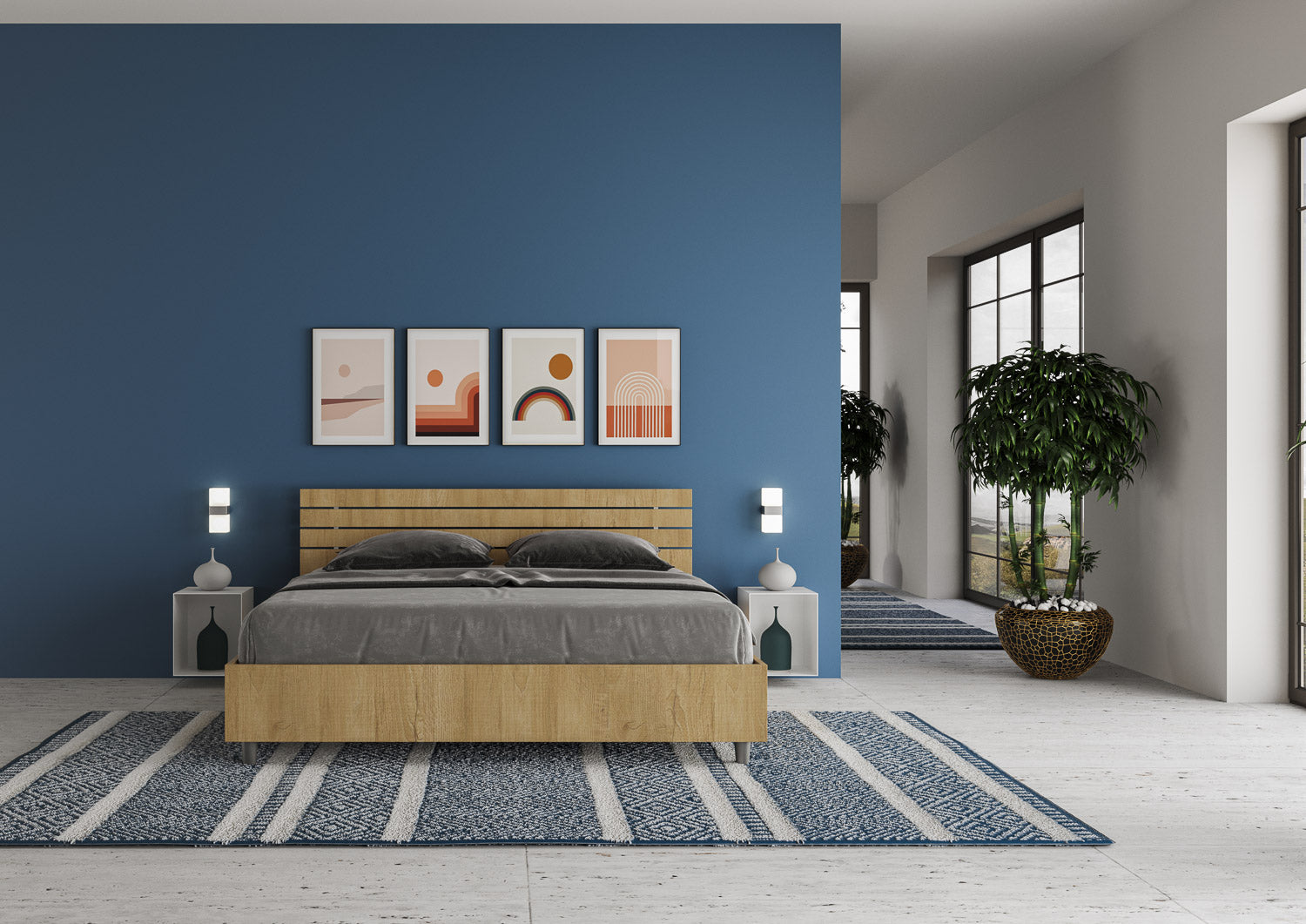 BS COM Letto matrimoniale senza rete 160x190 testata dritta con doghe quercia