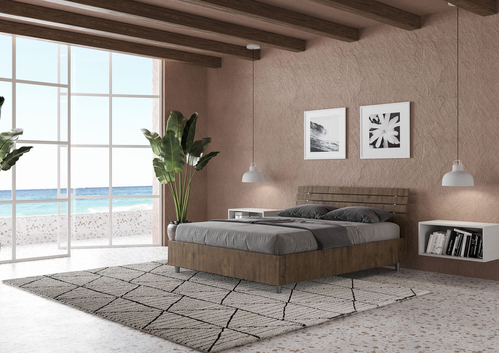 BS COM Letto matrimoniale francese senza rete 140x200 testata inclinata con doghe noce