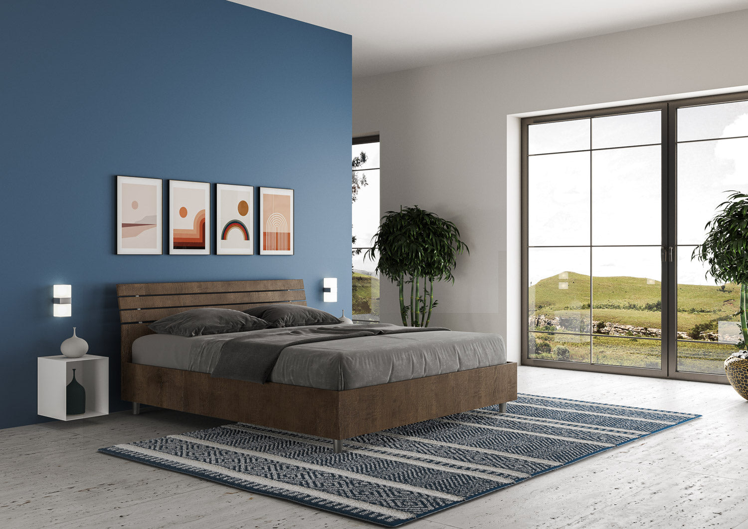 BS COM Letto matrimoniale senza rete 160x190 testata inclinata con doghe noce