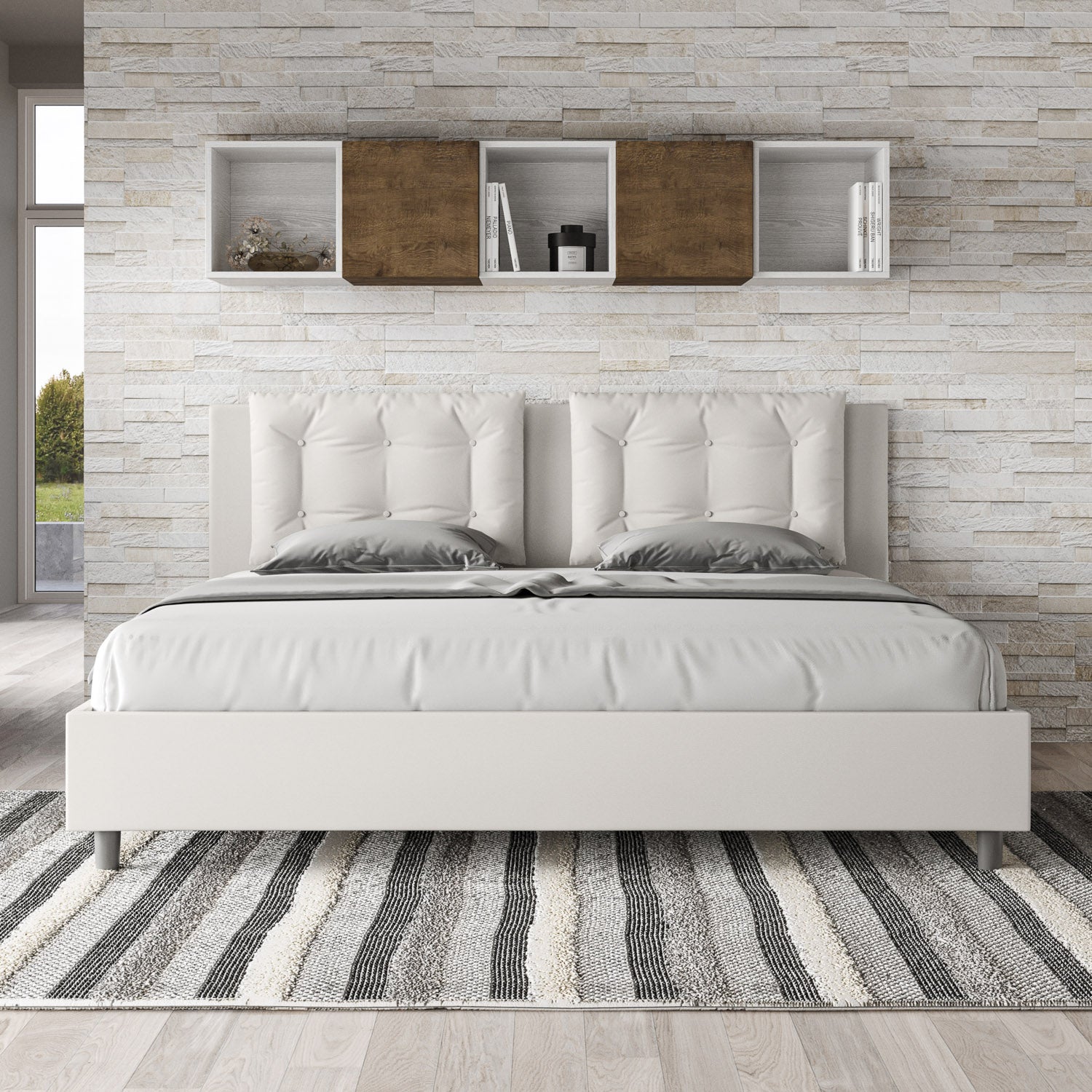 BS COM Letto contenitore imbottito 180x200 similpelle bianco