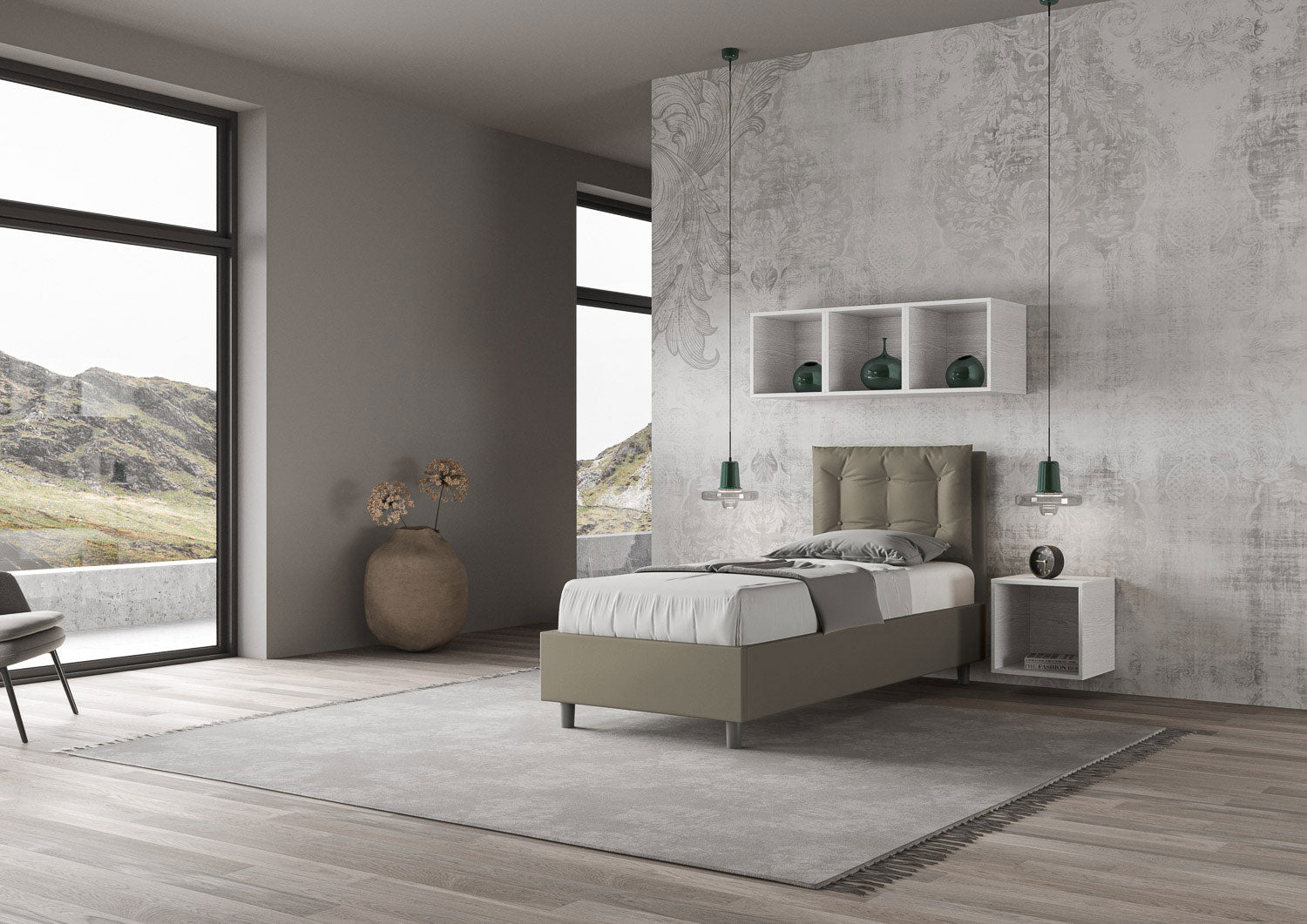 BS COM Letto singolo con rete imbottito 80x200 similpelle cappuccino
