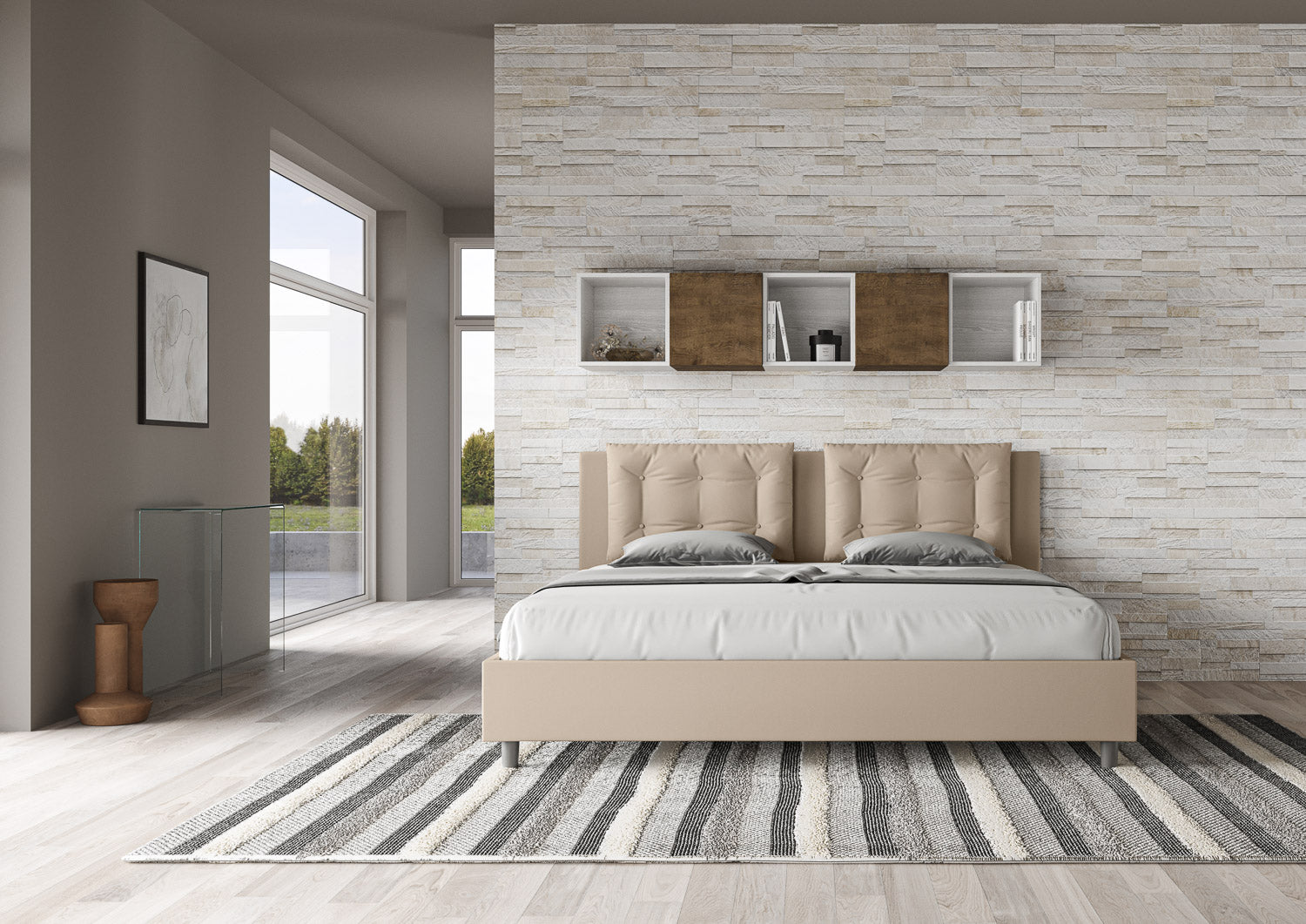 BS COM Letto matrimoniale king size contenitore imbottito 200x200 similpelle tortora