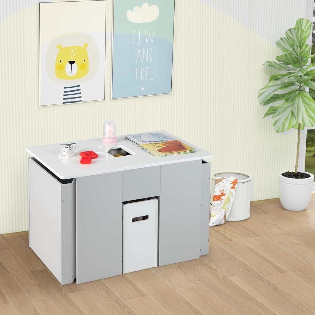 3 PZ. Set di Sedie per Bambini, Tavolino con 2 Sedie in MDF, Set Multifunzionale con Spazio di Archiviazione, Tavolo di Attività per Bambini da 3 Anni