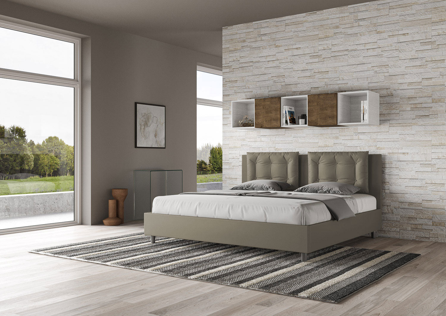 BS COM Letto matrimoniale king size contenitore imbottito 200x200 similpelle cappuccino