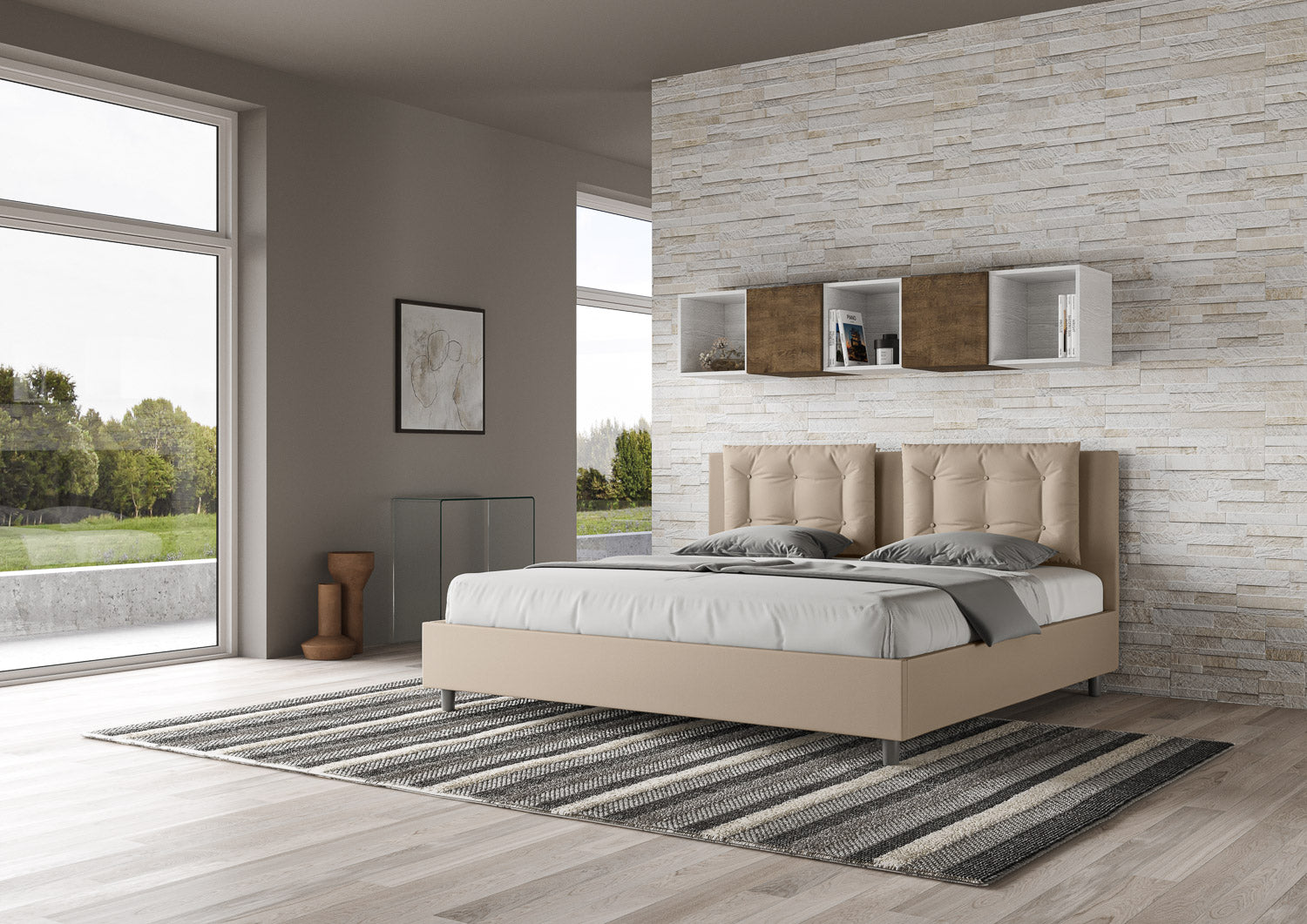 BS COM Letto con rete imbottito 180x200 similpelle tortora