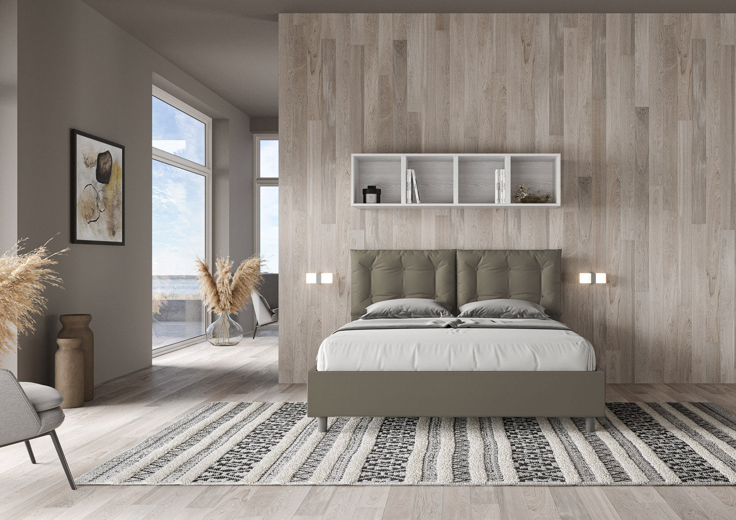 BS COM Letto matrimoniale con rete imbottito 160x210 similpelle cappuccino