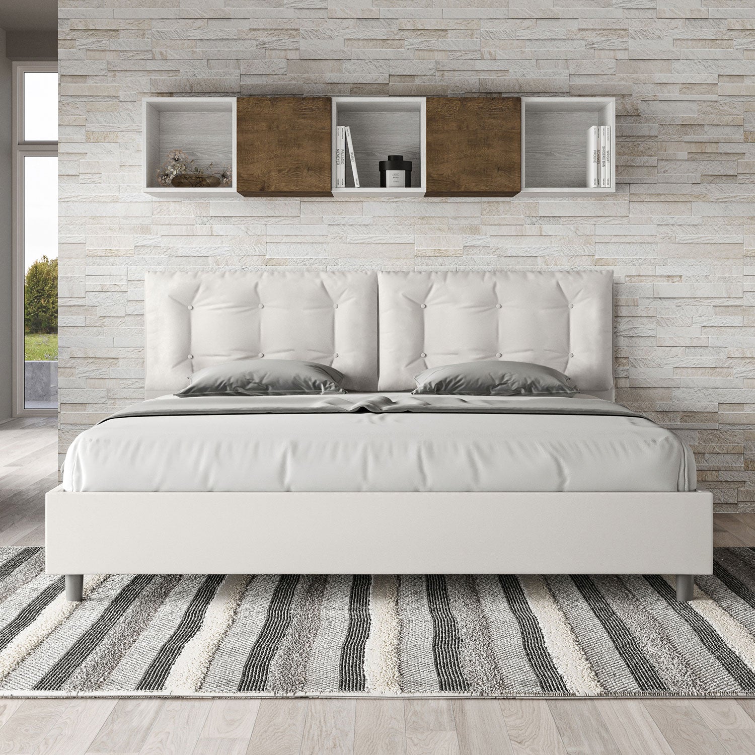 BS COM Letto matrimoniale king size senza rete imbottito 200x210 similpelle bianco