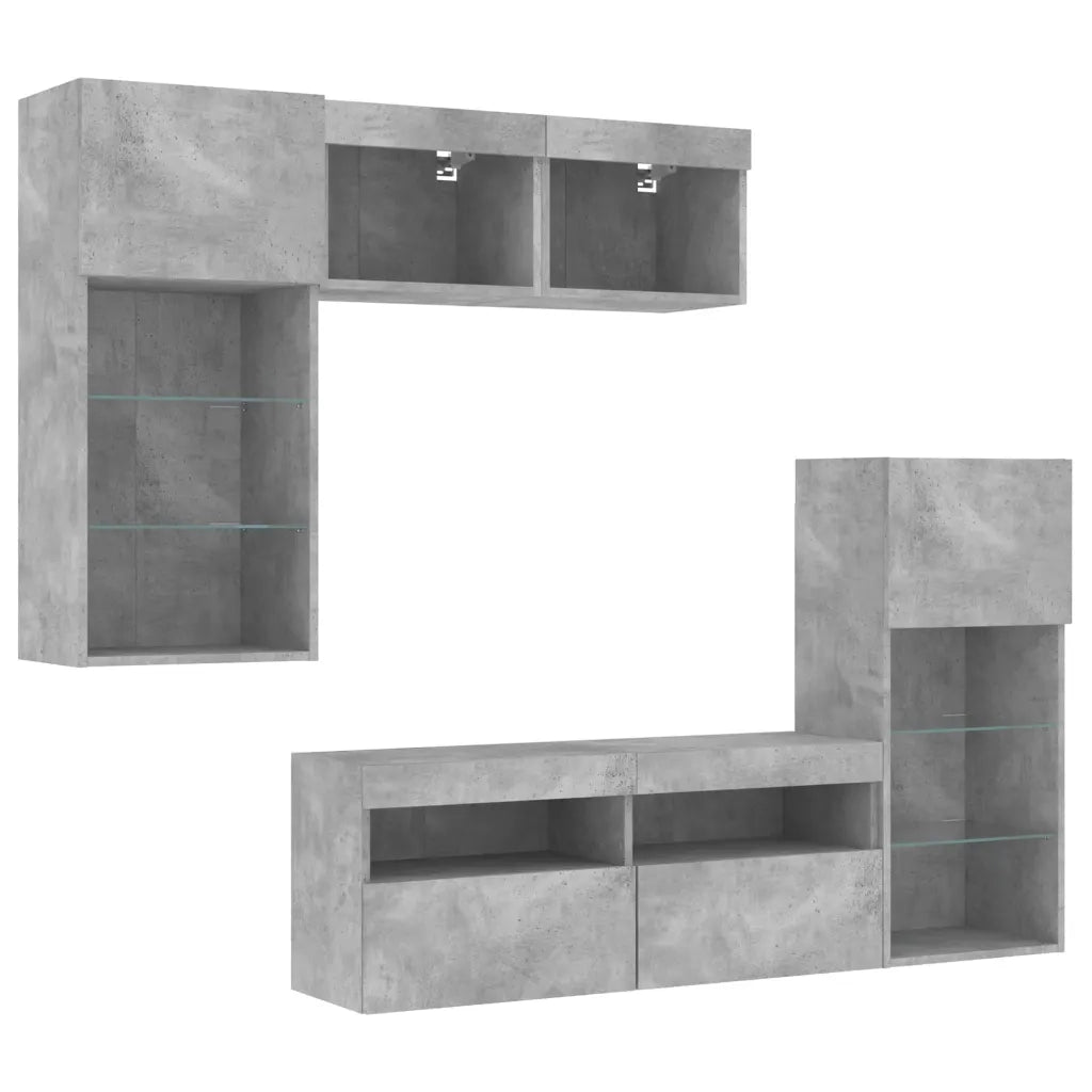 vidaXL Mobili TV a Muro con LED 5pz Grigio Cemento Legno Multistrato
