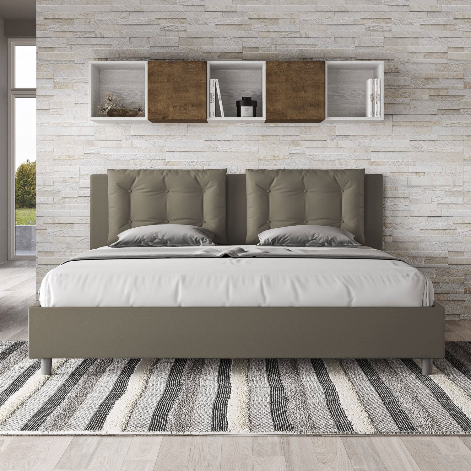 BS COM Letto matrimoniale king size senza rete imbottito 200x200 similpelle cappuccino