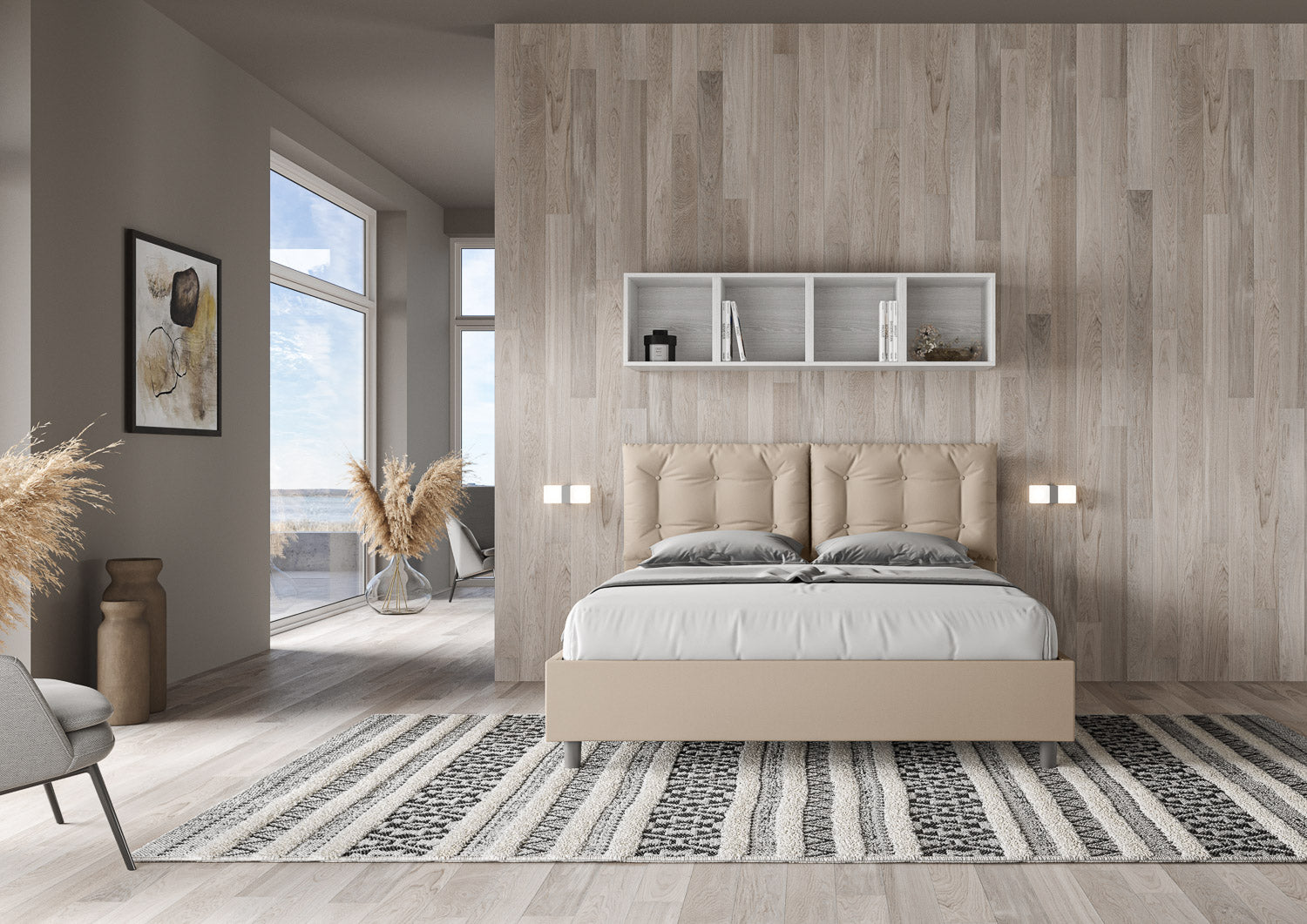 BS COM Letto matrimoniale senza rete imbottito 160x210 similpelle tortora