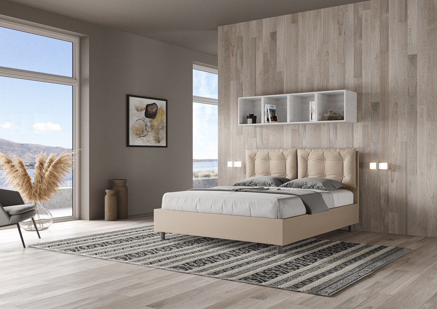 BS COM Letto matrimoniale senza rete imbottito 160x210 similpelle tortora