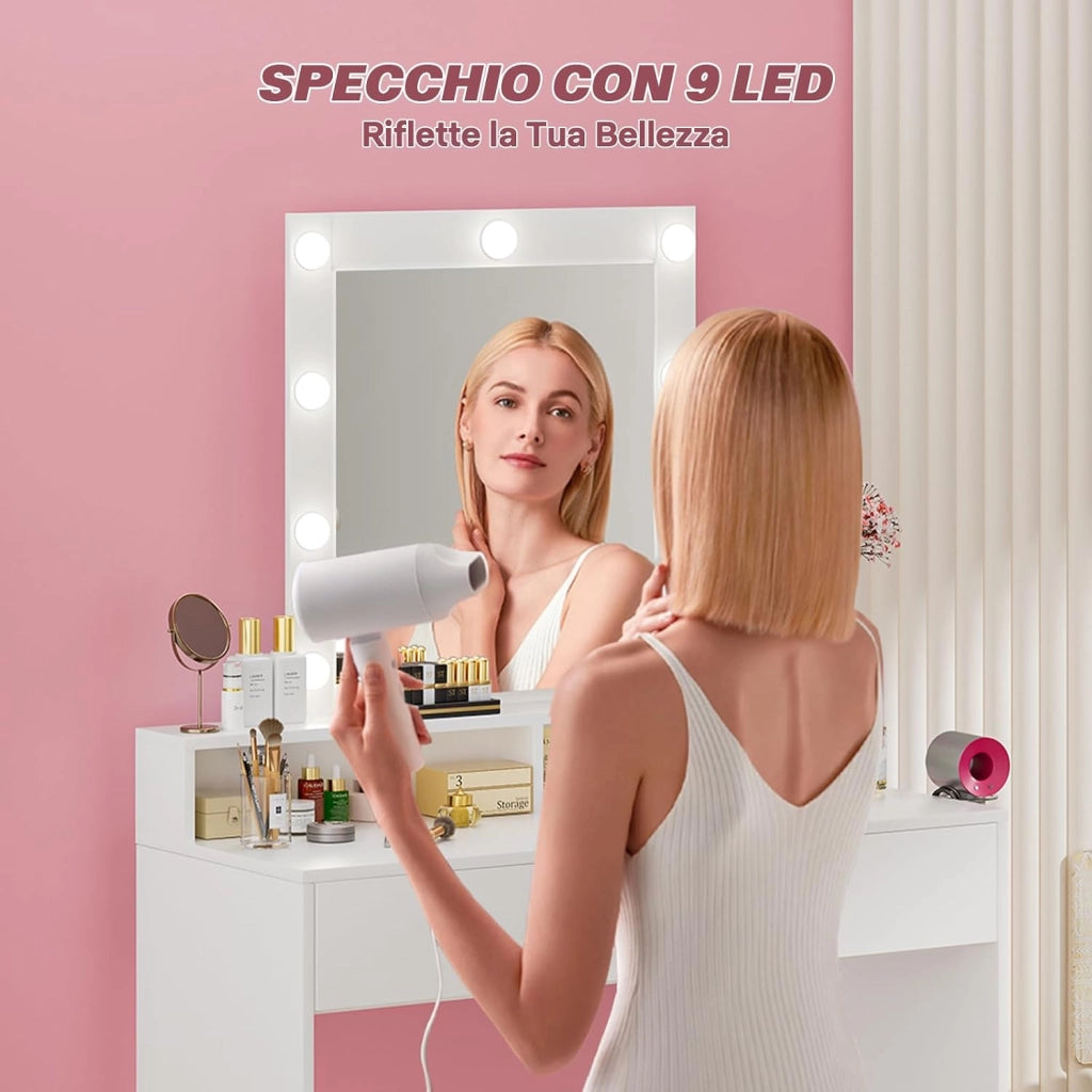 Toeletta da Trucco con Luci, Luminosità Regolabile,Tavolo da Trucco con Specchio,Postazione Trucco con 2 Cassetti,Porta Asciugacapelli,Make-up Desk,Moderno, Bianco