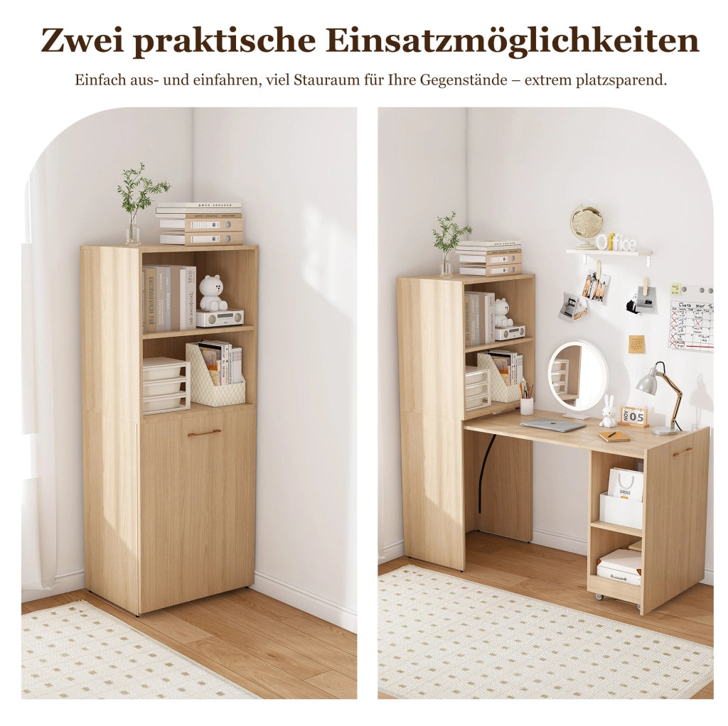 Scrivania estraibile con mobile contenitore in legno naturale