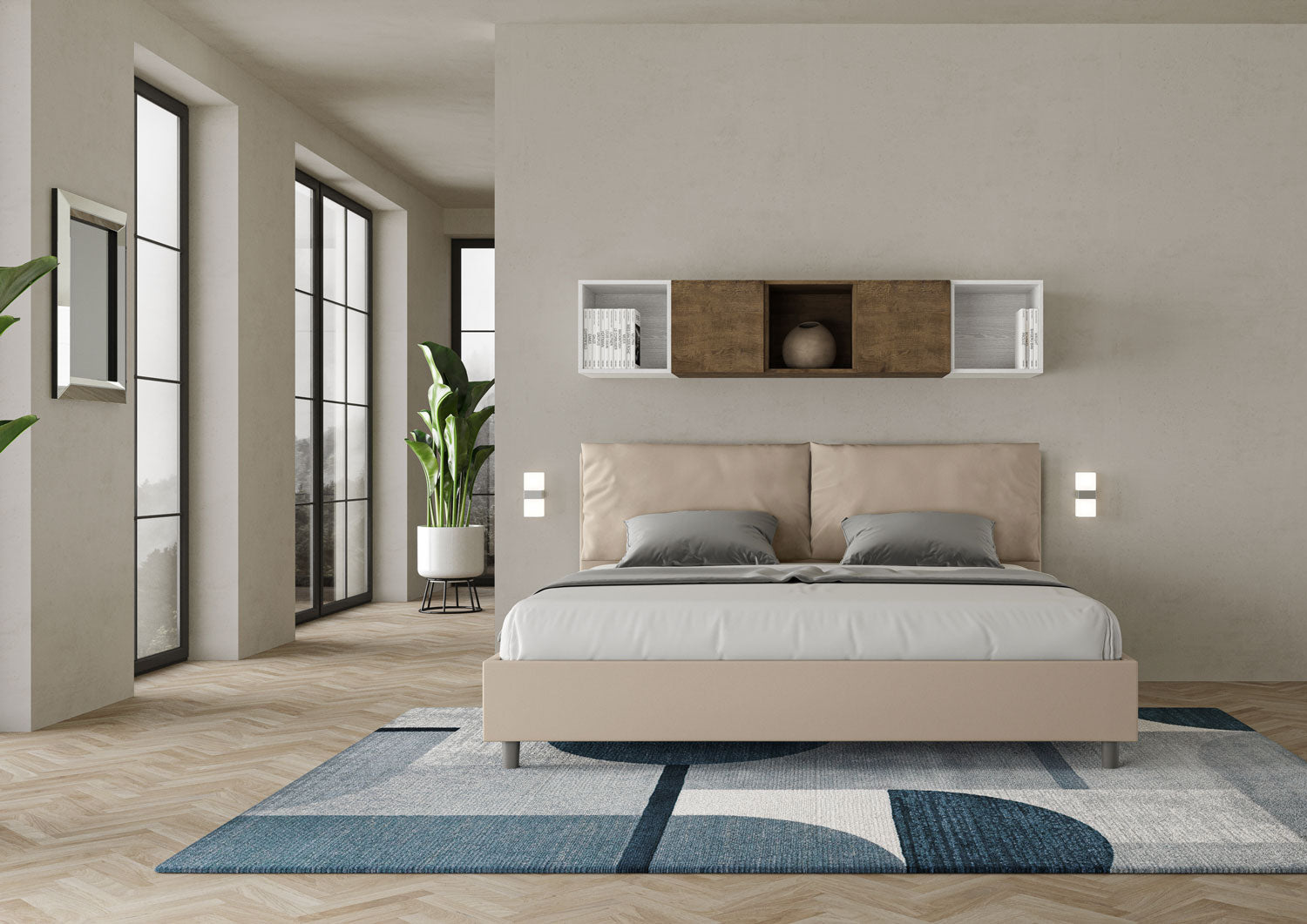 BS COM Letto matrimoniale king size contenitore imbottito 200x210 similpelle tortora