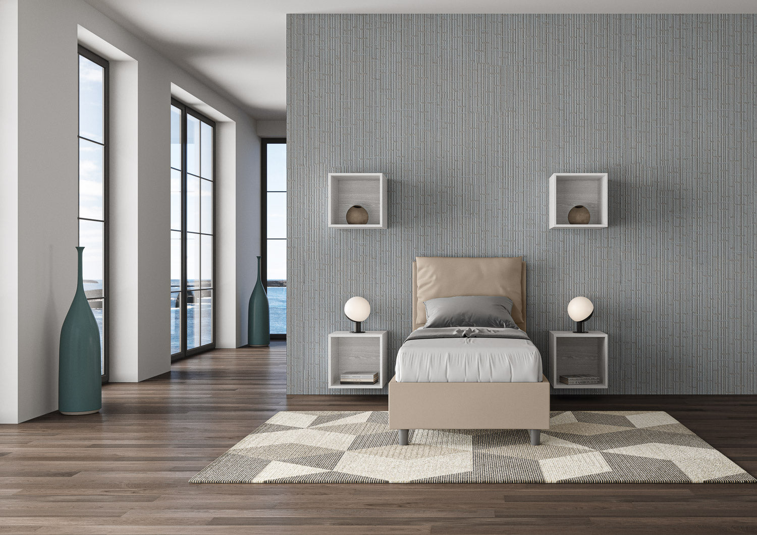 BS COM Letto singolo con rete imbottito 80x200 similpelle tortora