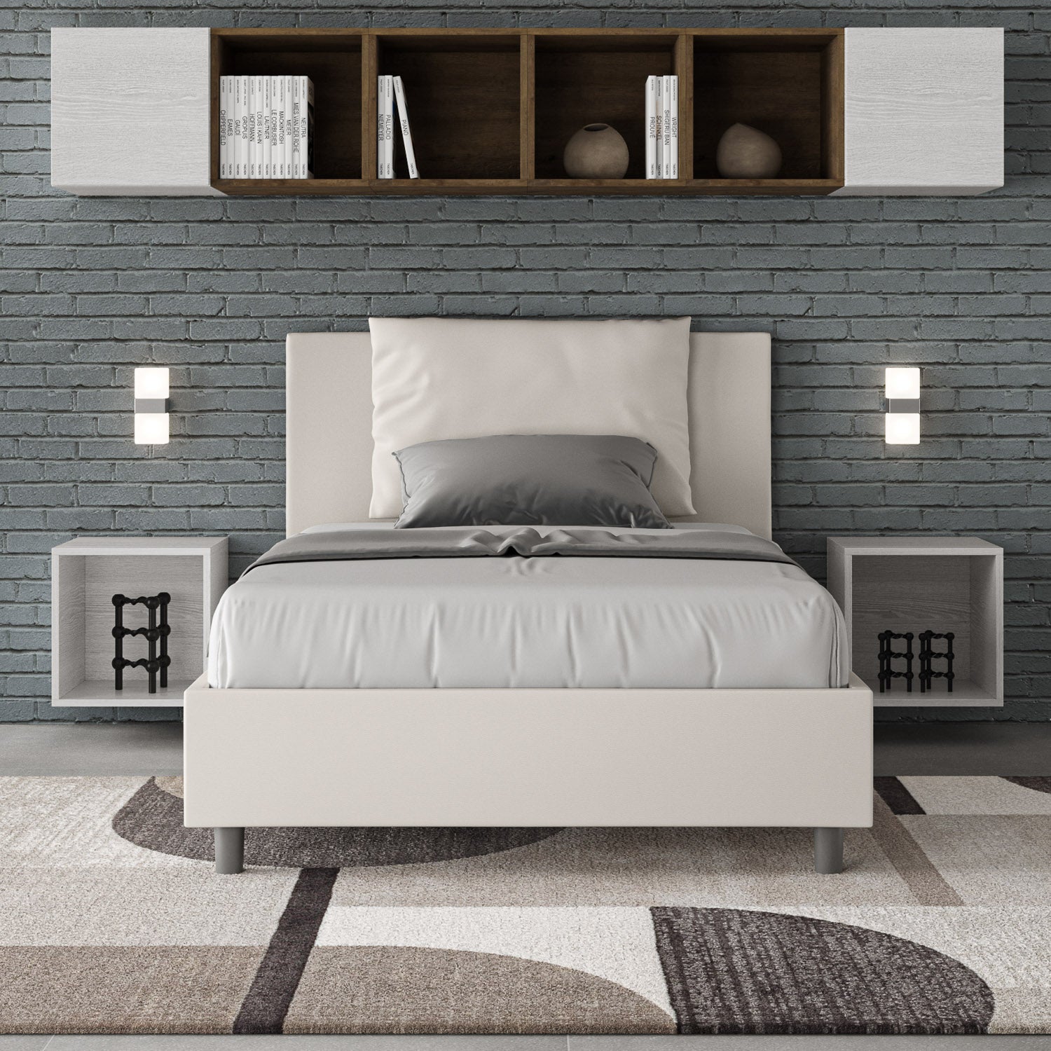 BS COM Letto una piazza e mezza contenitore imbottito 120x200 similpelle bianco