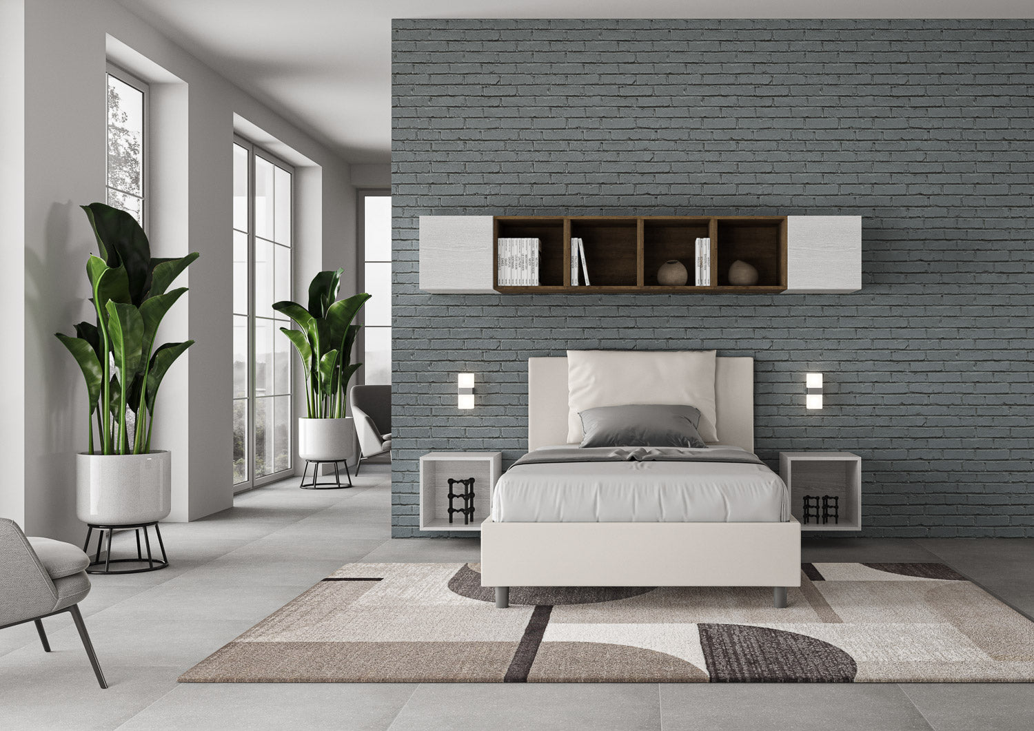 BS COM Letto una piazza e mezza contenitore imbottito 120x200 similpelle bianco