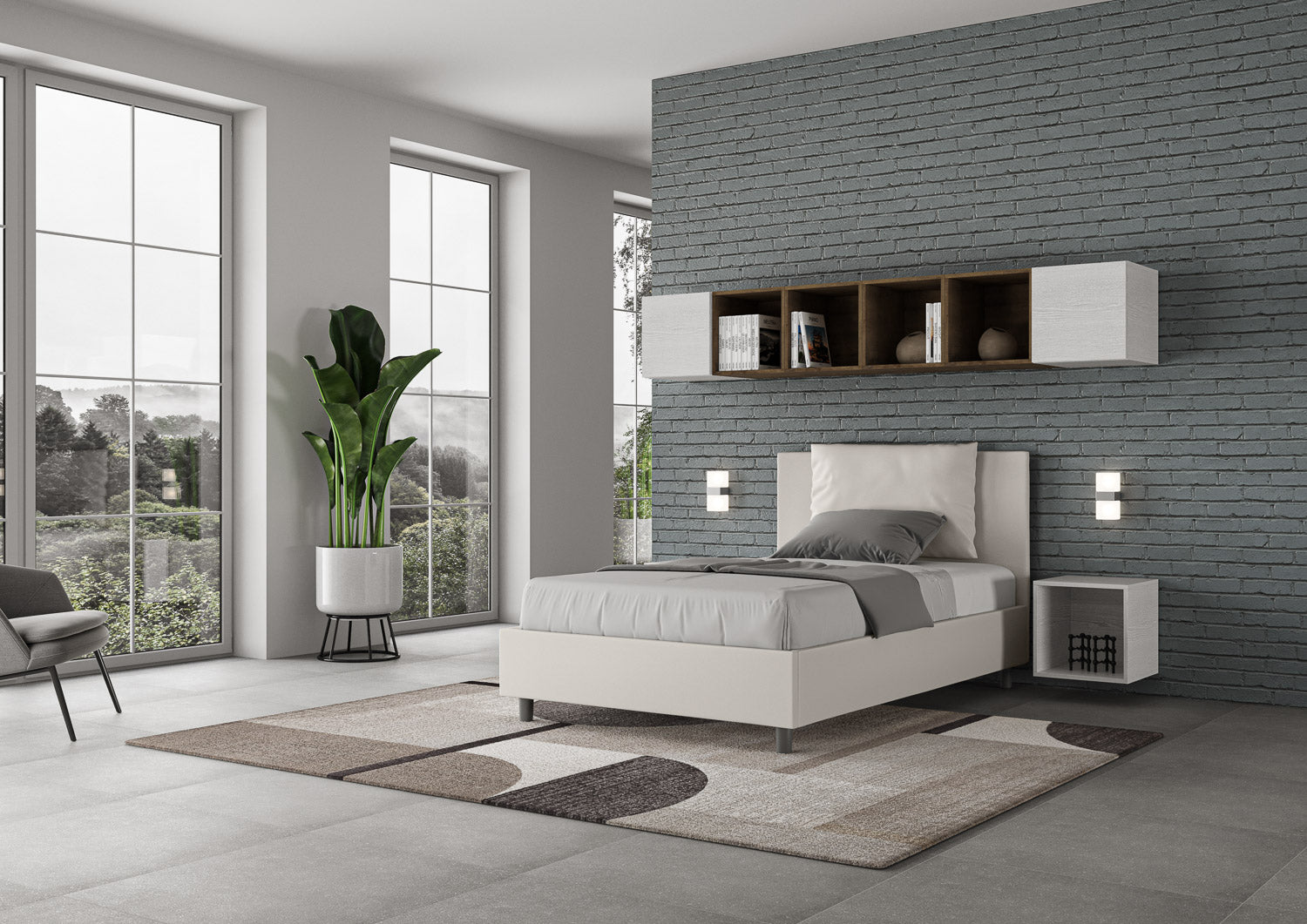 BS COM Letto una piazza e mezza contenitore imbottito 120x190 similpelle bianco