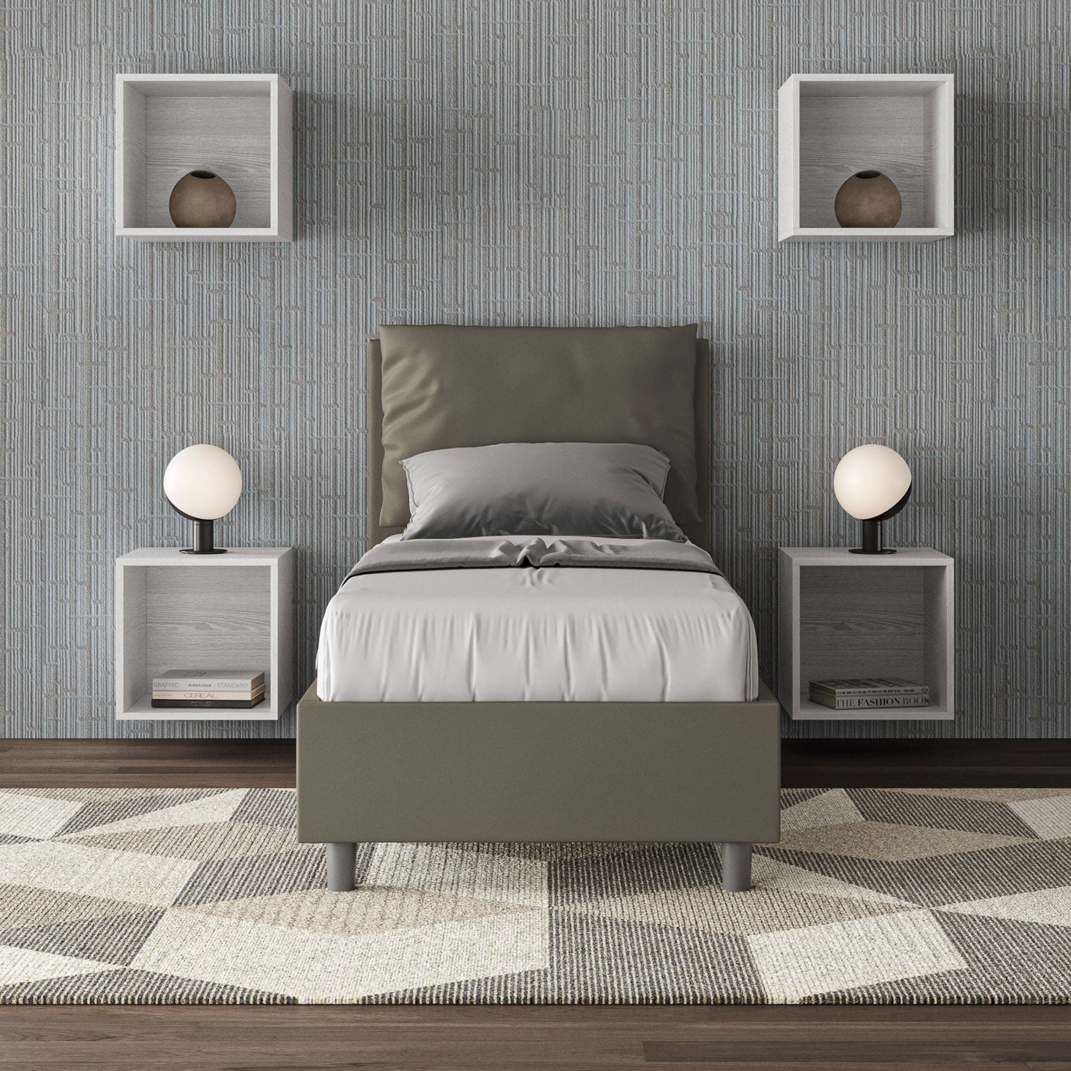 BS COM Letto singolo contenitore imbottito 80x190 similpelle cappuccino