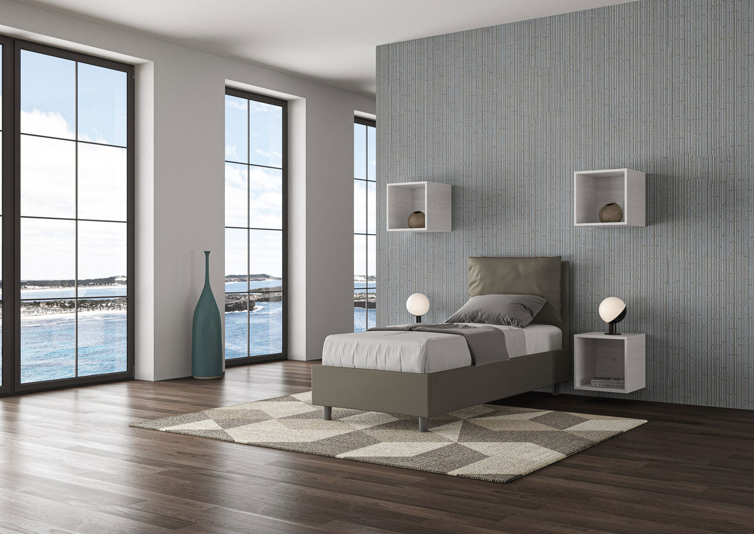 BS COM Letto singolo contenitore imbottito 80x200 similpelle cappuccino