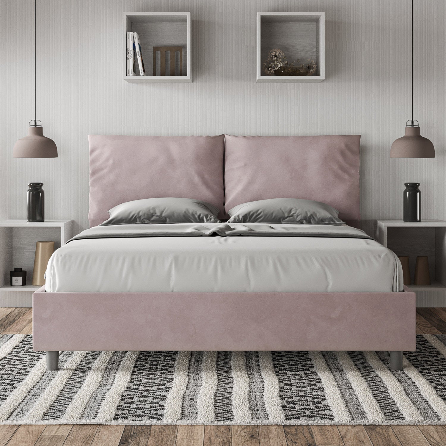 BS COM Letto matrimoniale contenitore doppia alzata imbottito 160x200 microfibra glicine