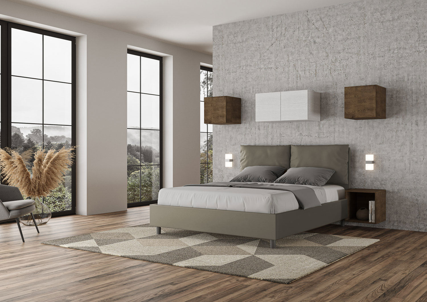BS COM Letto matrimoniale contenitore doppia alzata imbottito 160x210 similpelle cappuccino