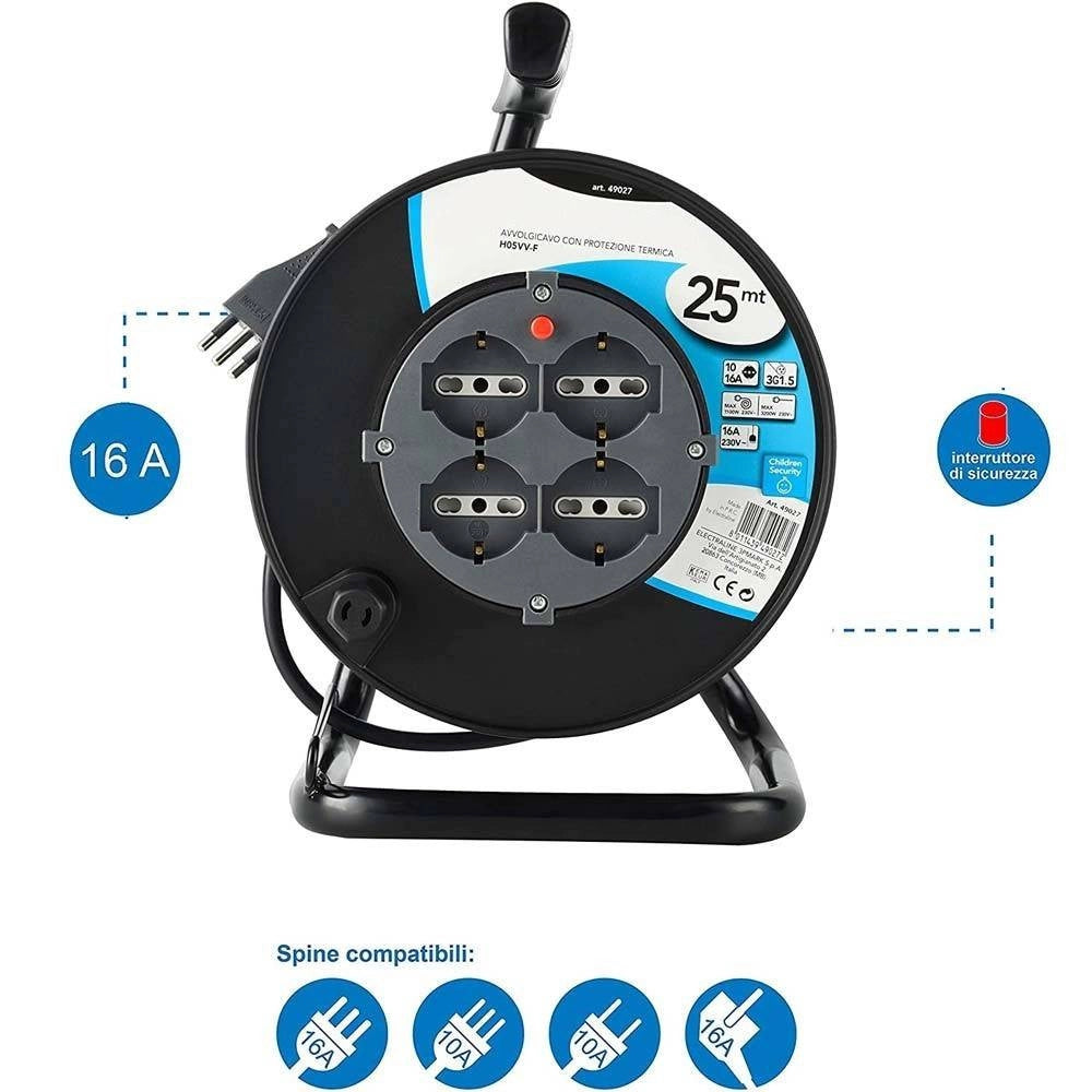 Trade Shop - Prolunga Elettrica Cavo 25 Mt Avvolgicavo 4 Prese Schuko Polivalenti Spina 16a -