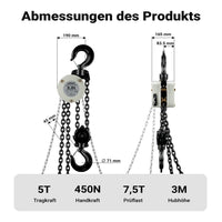 Mini paranco a catena manuale VSK-5, capacità di carico 5 t, altezza di sollevamento 3 m, per sollevare e abbassare carichi pesanti in officine, magazzini e cantieri, per impieghi gravosi