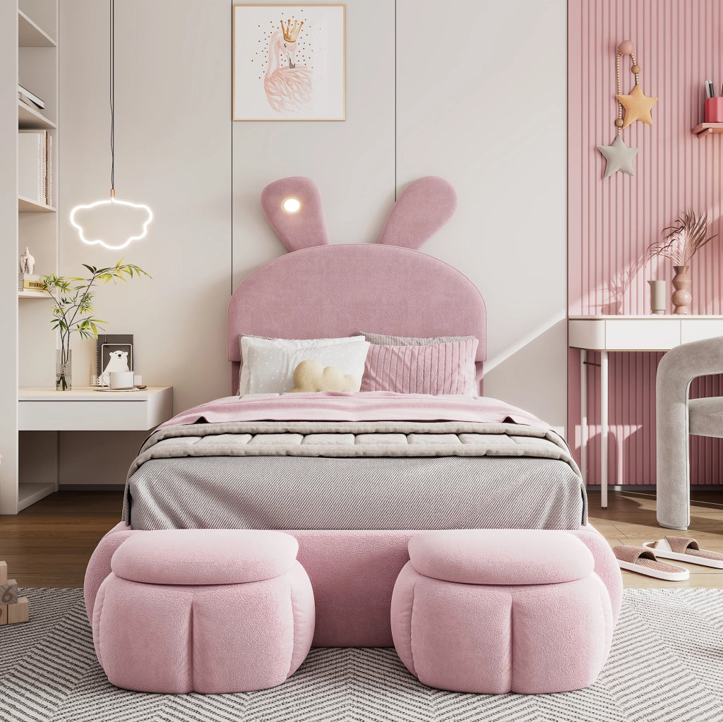 DESMIU Letto singolo 1 posto con LED regolabile e 2 pouf contenitore, 90 × 200 cm, senza materasso
