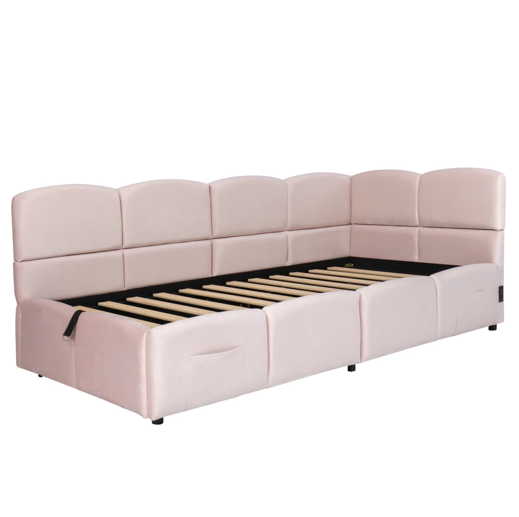 Divano letto contenitore 90x200 cm con USB e USB C; velluto rosa