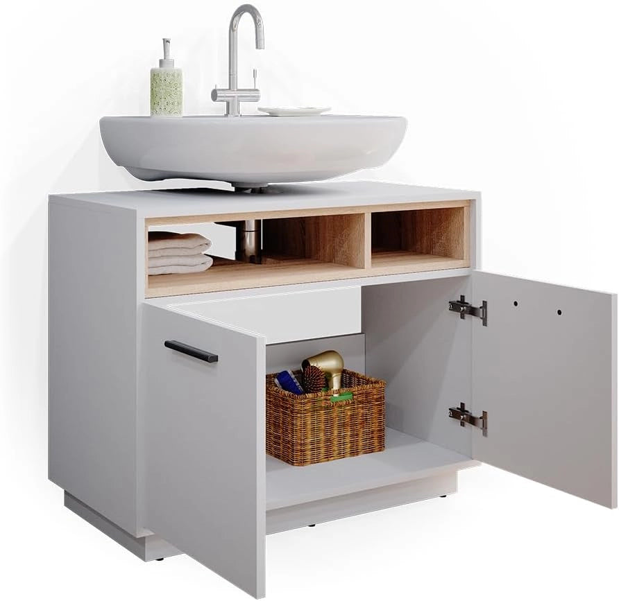 Mobile sottolavabo per bagno Beatrice, Bianco, 80 x 64 cm, con ritaglio per sifone e ripiani aperti