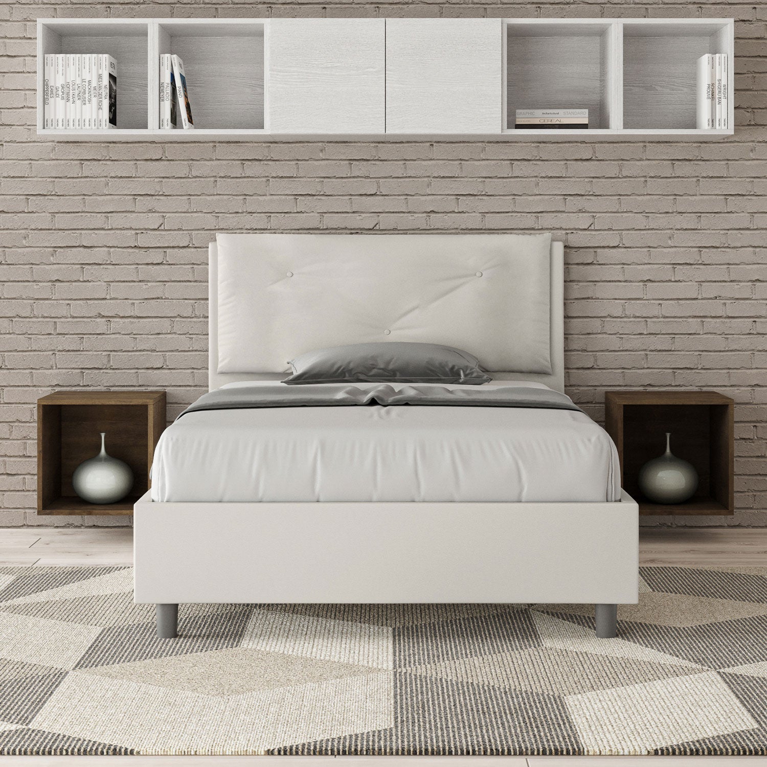 BS COM Letto una piazza e mezza contenitore imbottito 120x190 similpelle bianco