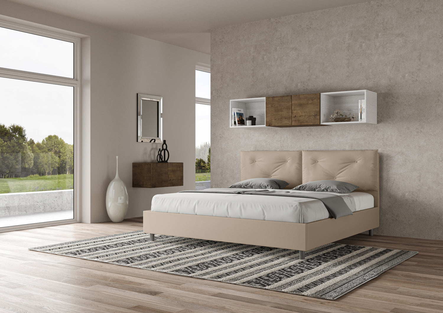 BS COM Letto matrimoniale king size contenitore imbottito 200x200 similpelle tortora
