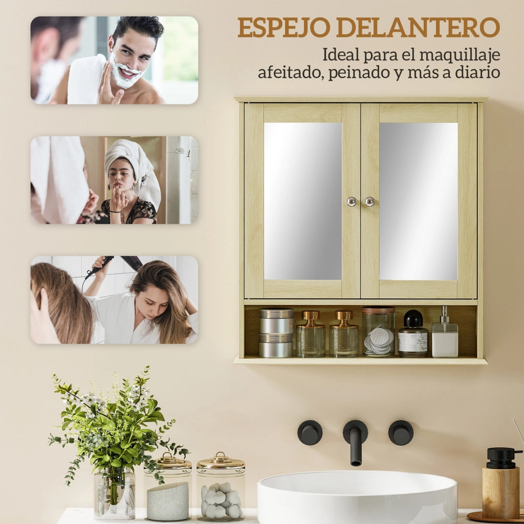 Armadietto Bagno con Specchio e Ripiani ¨C zephmum ¨C Legno Naturale 56x13x58cm