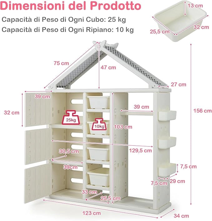 Armadio per Bambini, Organizzatore a Forma di Casa con 1 Lavagna, 3 Armadietti, 4 Cestini, 3 Cubi Chiusi e 3 Cestini Laterali, Armadietto Salvaspazio per Camera da Letto e Soggiorno (Bianco)
