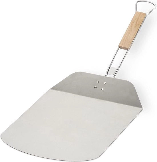 Schiaccia pizza pieghevole in acciaio inox con maniglia in legno - B x D 29 x 29 cm - Spatola per forno per pizza e pane - Argento/natura
