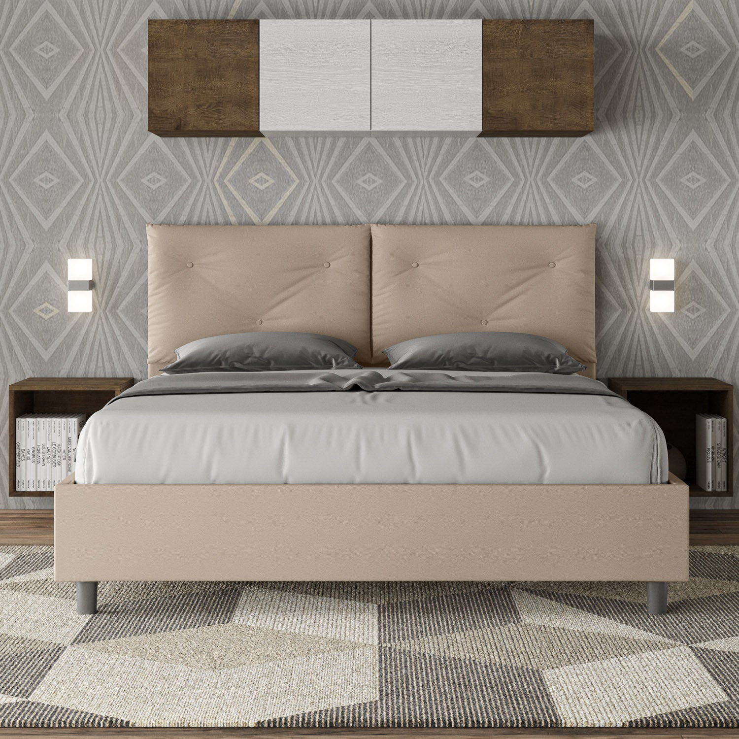 BS COM Letto matrimoniale contenitore imbottito 160x200 similpelle tortora