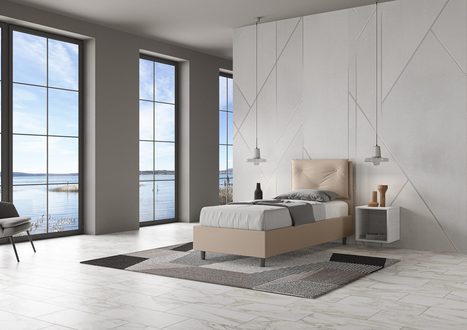 BS COM Letto singolo contenitore imbottito 80x200 similpelle tortora