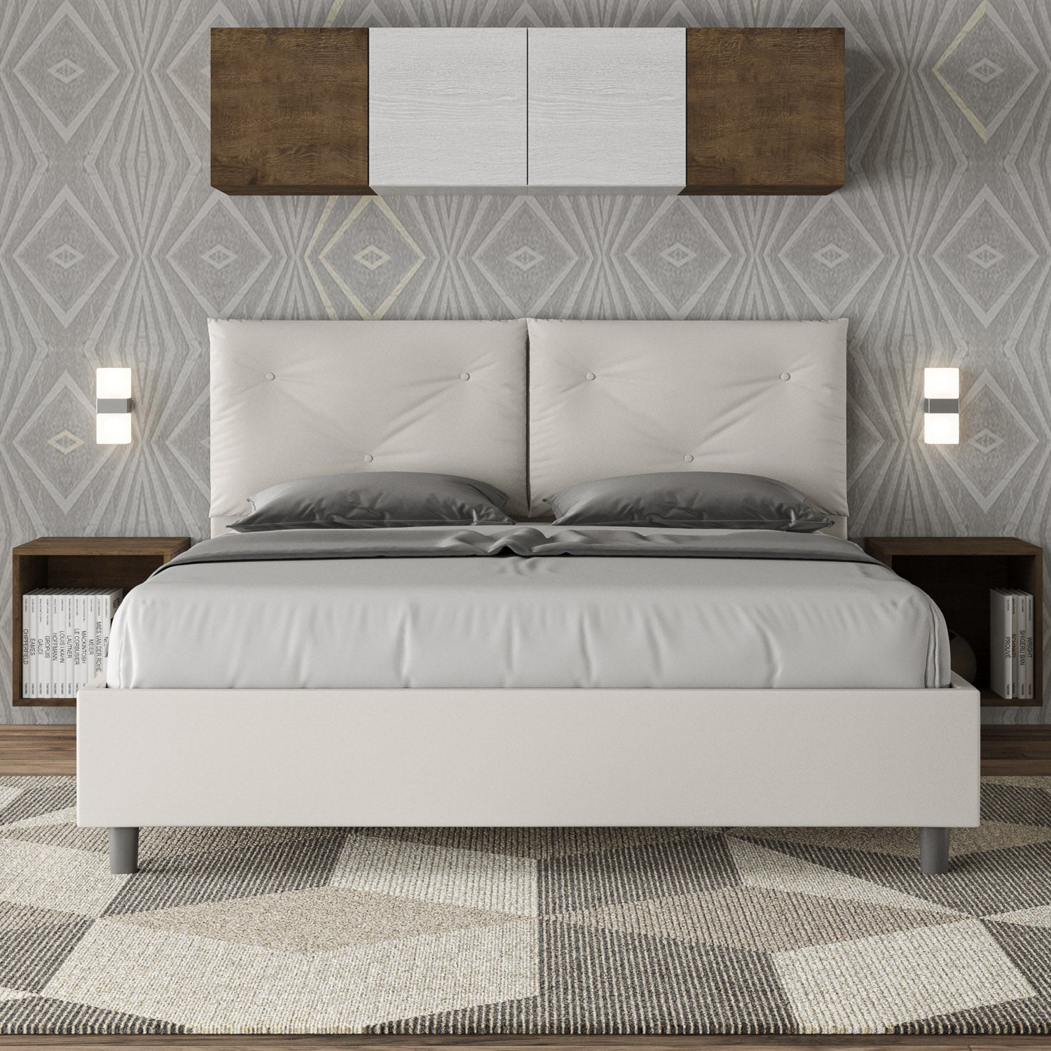 BS COM Letto matrimoniale contenitore doppia alzata imbottito 160x190 similpelle bianco