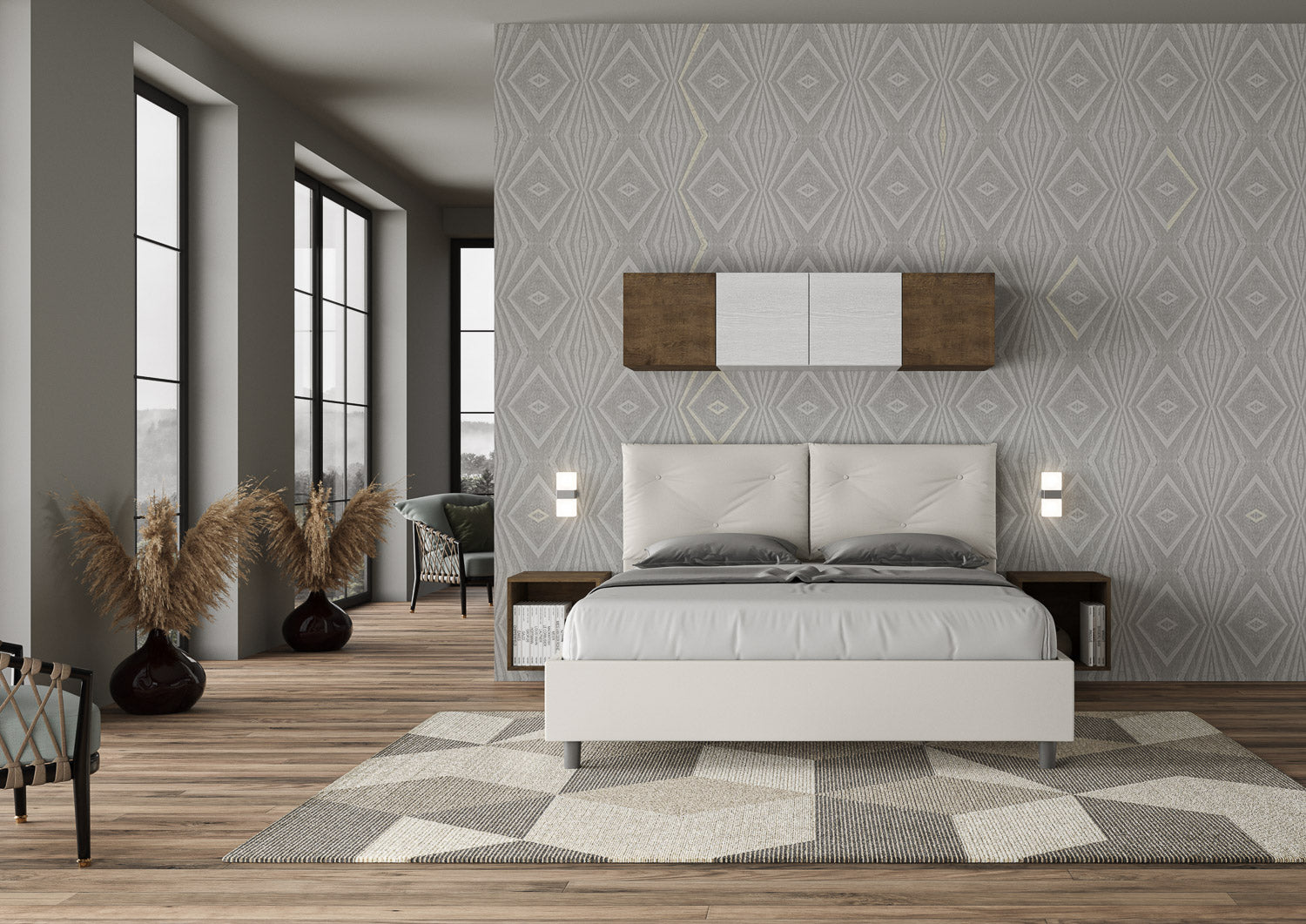 BS COM Letto matrimoniale contenitore doppia alzata imbottito 160x190 similpelle bianco