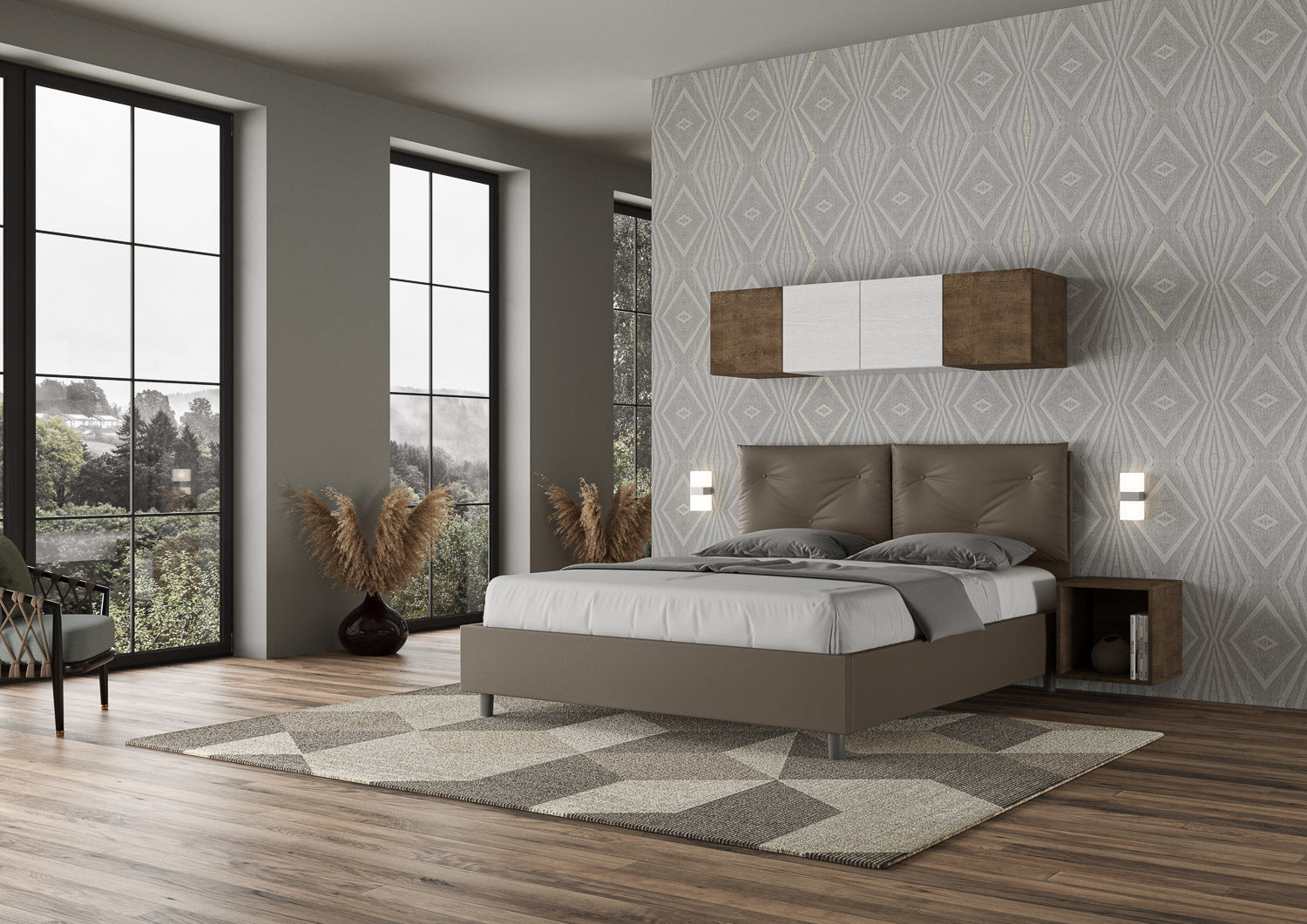 BS COM Letto matrimoniale contenitore doppia alzata imbottito 160x190 similpelle cappuccino