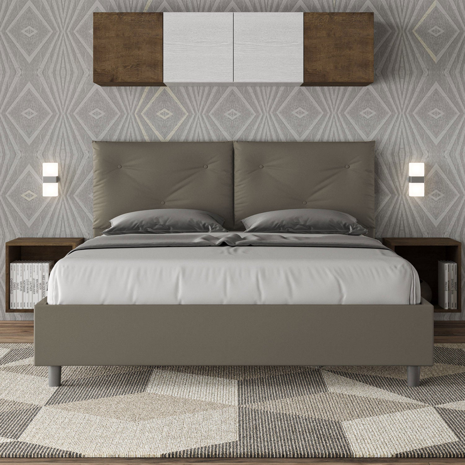 BS COM Letto matrimoniale contenitore doppia alzata imbottito 160x200 similpelle cappuccino