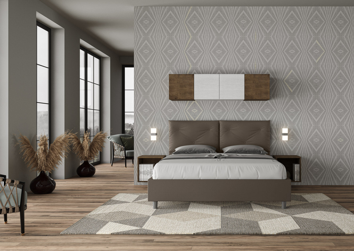 BS COM Letto matrimoniale contenitore doppia alzata imbottito 160x200 similpelle cappuccino