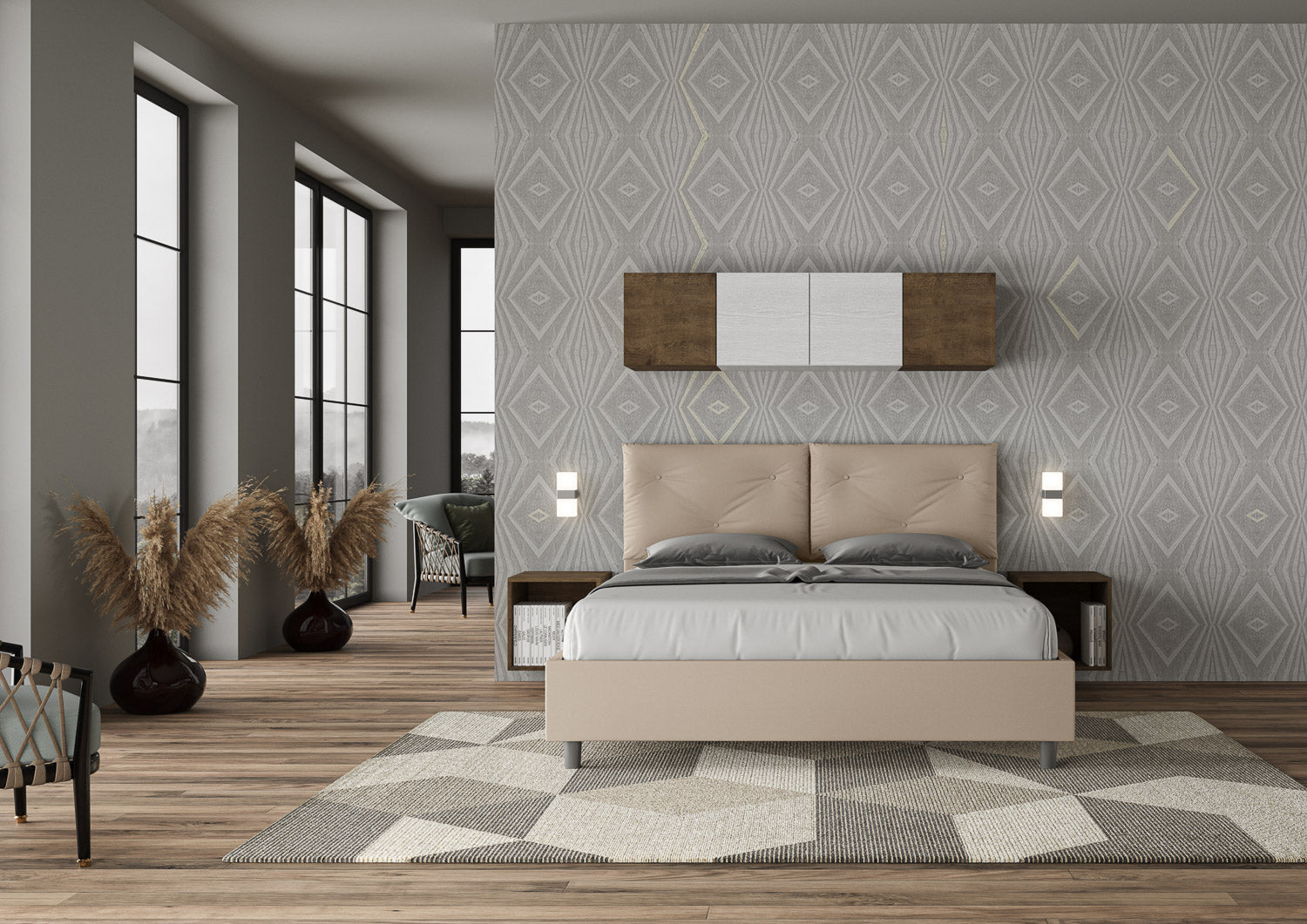 BS COM Letto matrimoniale contenitore doppia alzata imbottito 160x210 similpelle tortora